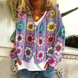 New Christmas Abstract Flowers Printing Sweater Fashion Casual Short Cardigan Coat Womens Clothing