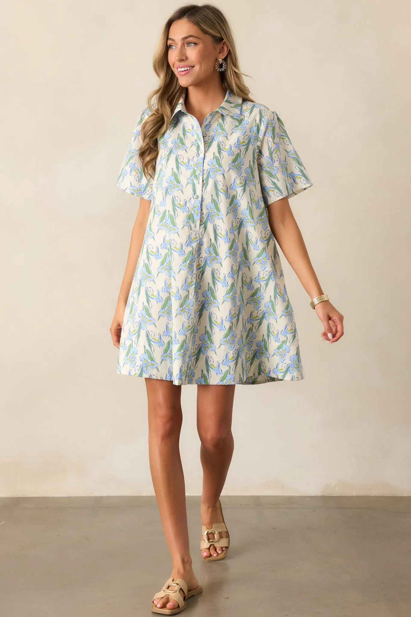 Oasis Of Calm Cotton Blue Floral Mini Dress