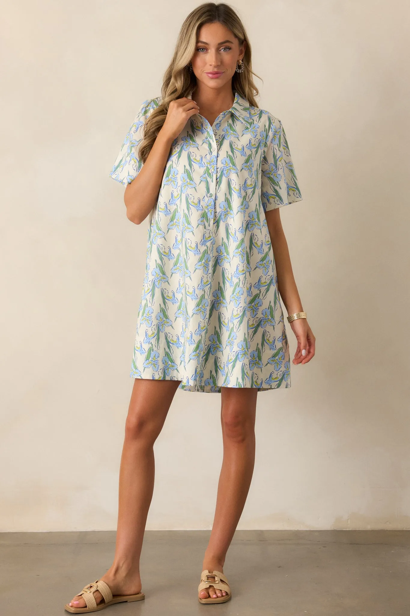 Oasis Of Calm Cotton Blue Floral Mini Dress