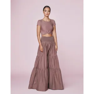 Pale Cocoa Cotton Tiered Wide Leg Pants