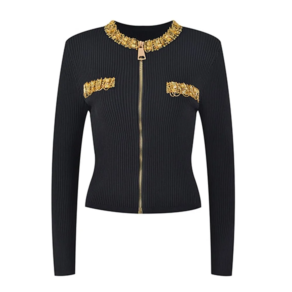 Patchwork Zipper Kintting Coats For Women Round Neck Long Sleeve Spliced Diamond Slimming Tops Female Fashion