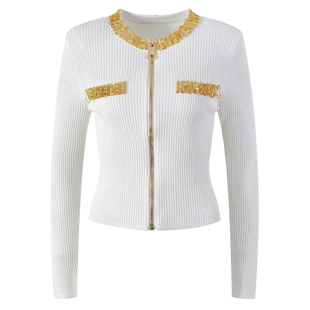 Patchwork Zipper Kintting Coats For Women Round Neck Long Sleeve Spliced Diamond Slimming Tops Female Fashion