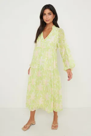 Petunia Trapeze Midaxi Dress - Chartreuse Floral