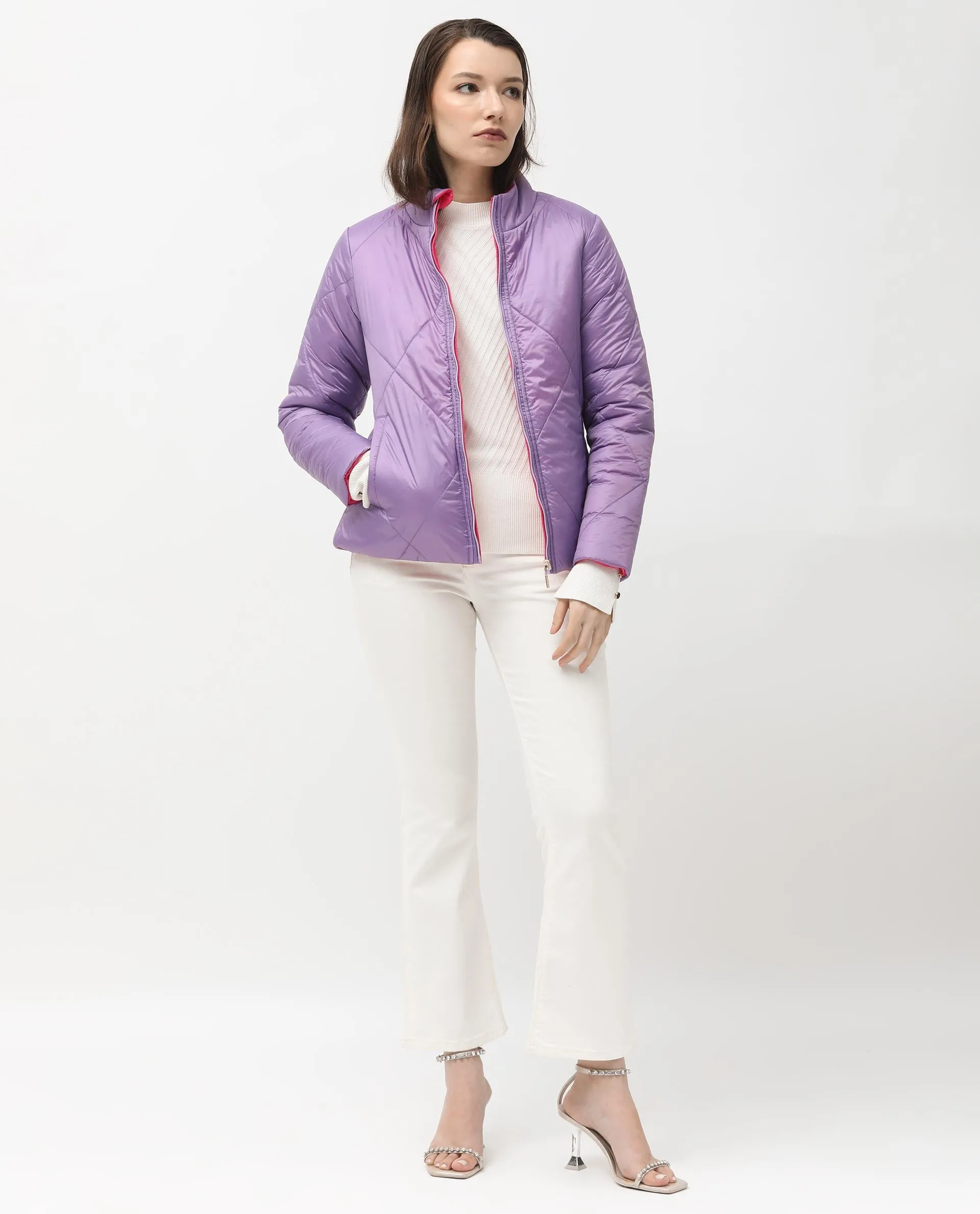 Rareism Women Cora 1 Purple Nylon Fabric Full Sleeves Zip Closure High Neck Regular Fit Plain Jacket