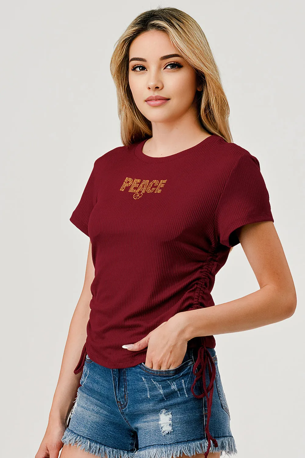 Rib Knit Tops With Rhinestone Wording And Drawstring Ruched Sides - Burgundy