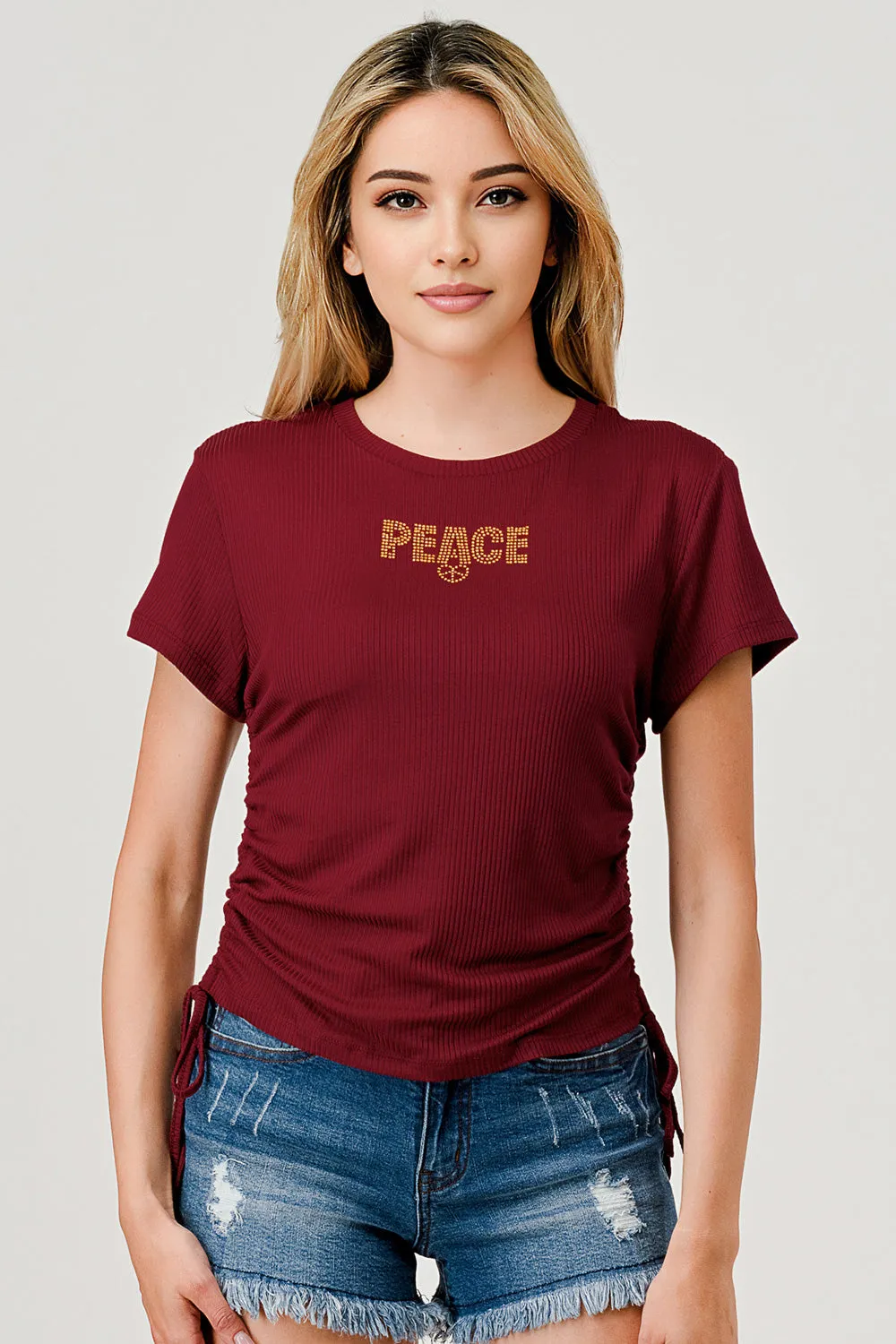 Rib Knit Tops With Rhinestone Wording And Drawstring Ruched Sides - Burgundy