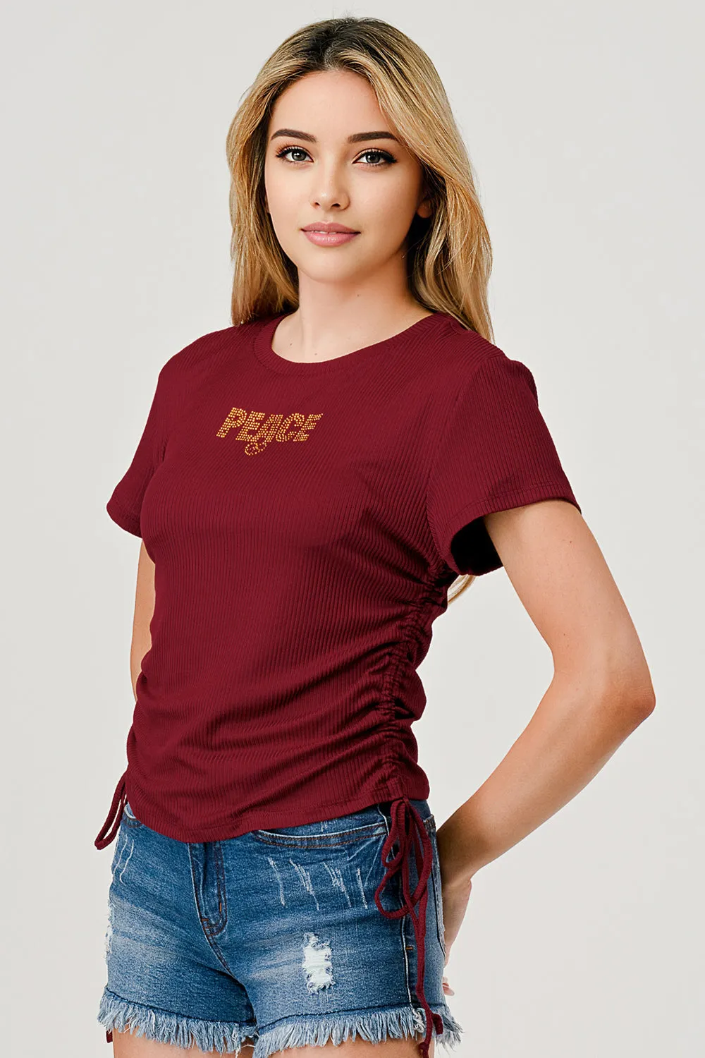 Rib Knit Tops With Rhinestone Wording And Drawstring Ruched Sides - Burgundy