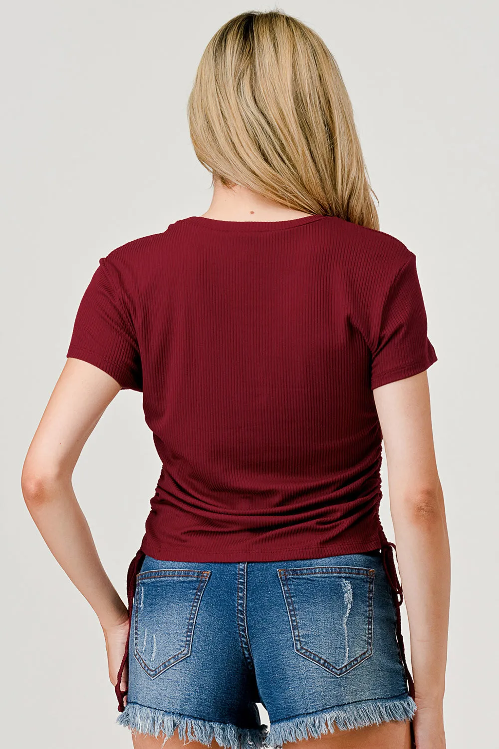 Rib Knit Tops With Rhinestone Wording And Drawstring Ruched Sides - Burgundy