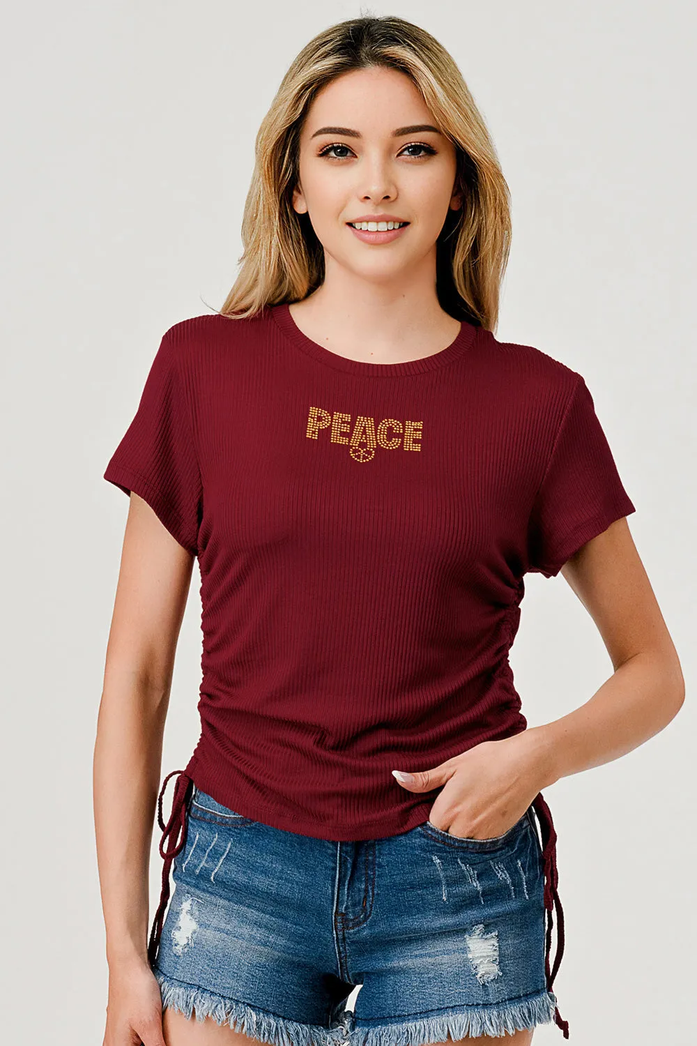 Rib Knit Tops With Rhinestone Wording And Drawstring Ruched Sides - Burgundy