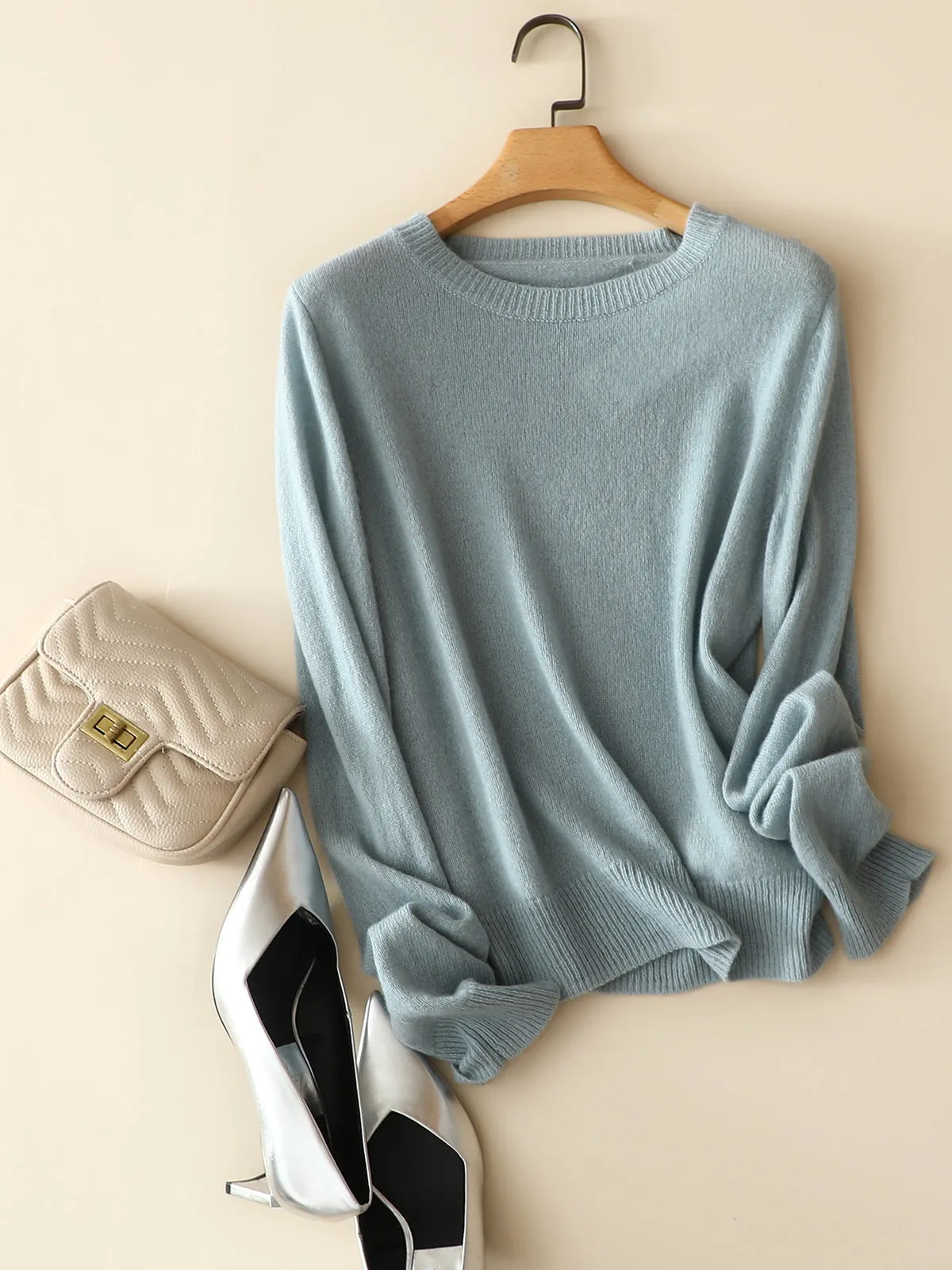 Round Neck 100% Cashmere Women's Sweater, Long Sleeve, Knitted Base Pullover.