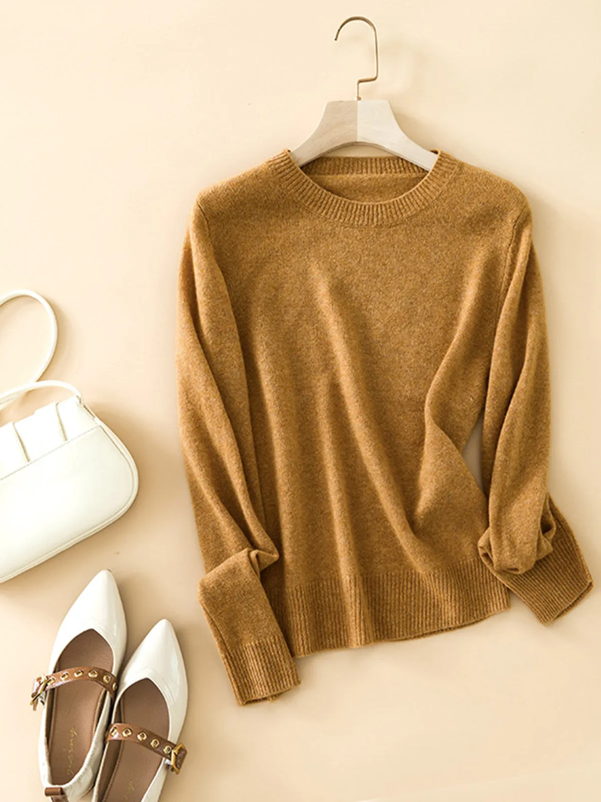 Round Neck 100% Cashmere Women's Sweater, Long Sleeve, Knitted Base Pullover.