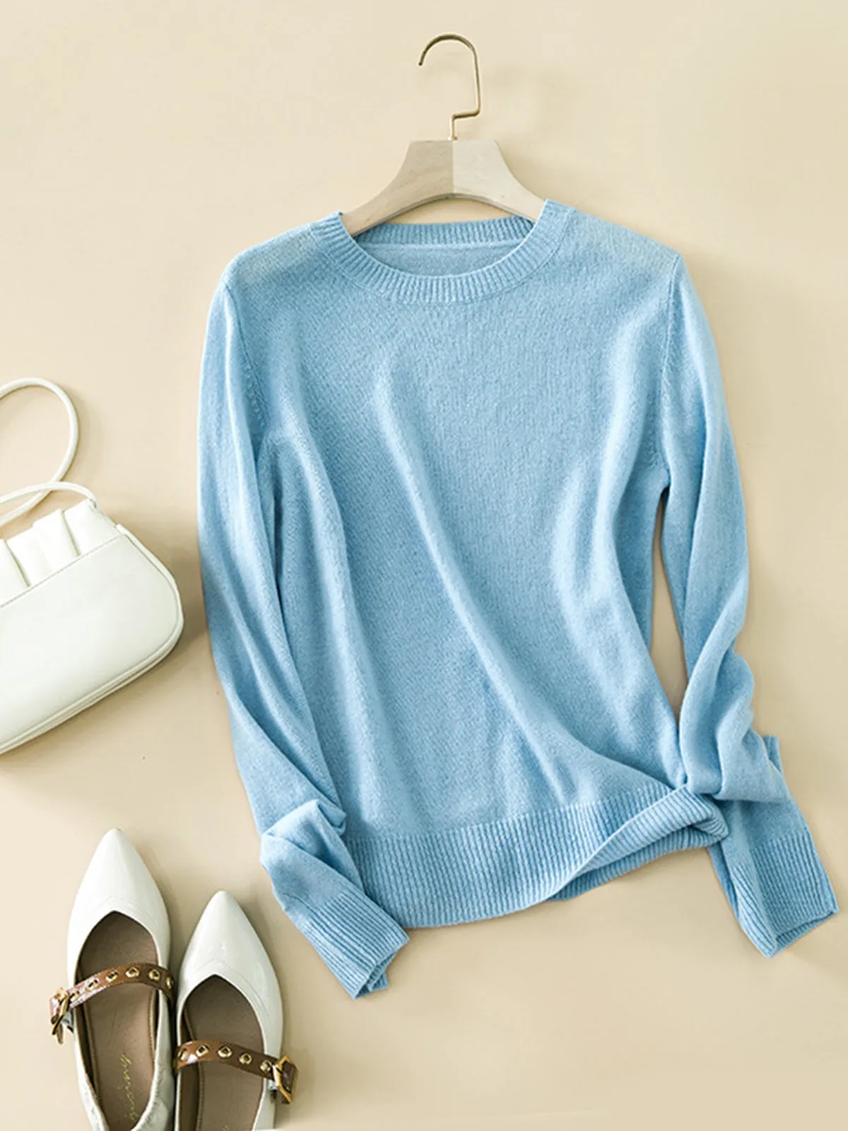 Round Neck 100% Cashmere Women's Sweater, Long Sleeve, Knitted Base Pullover.