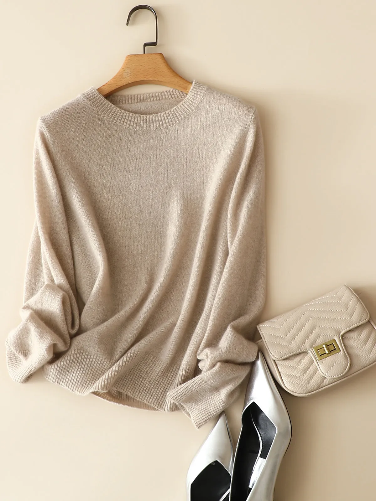 Round Neck 100% Cashmere Women's Sweater, Long Sleeve, Knitted Base Pullover.