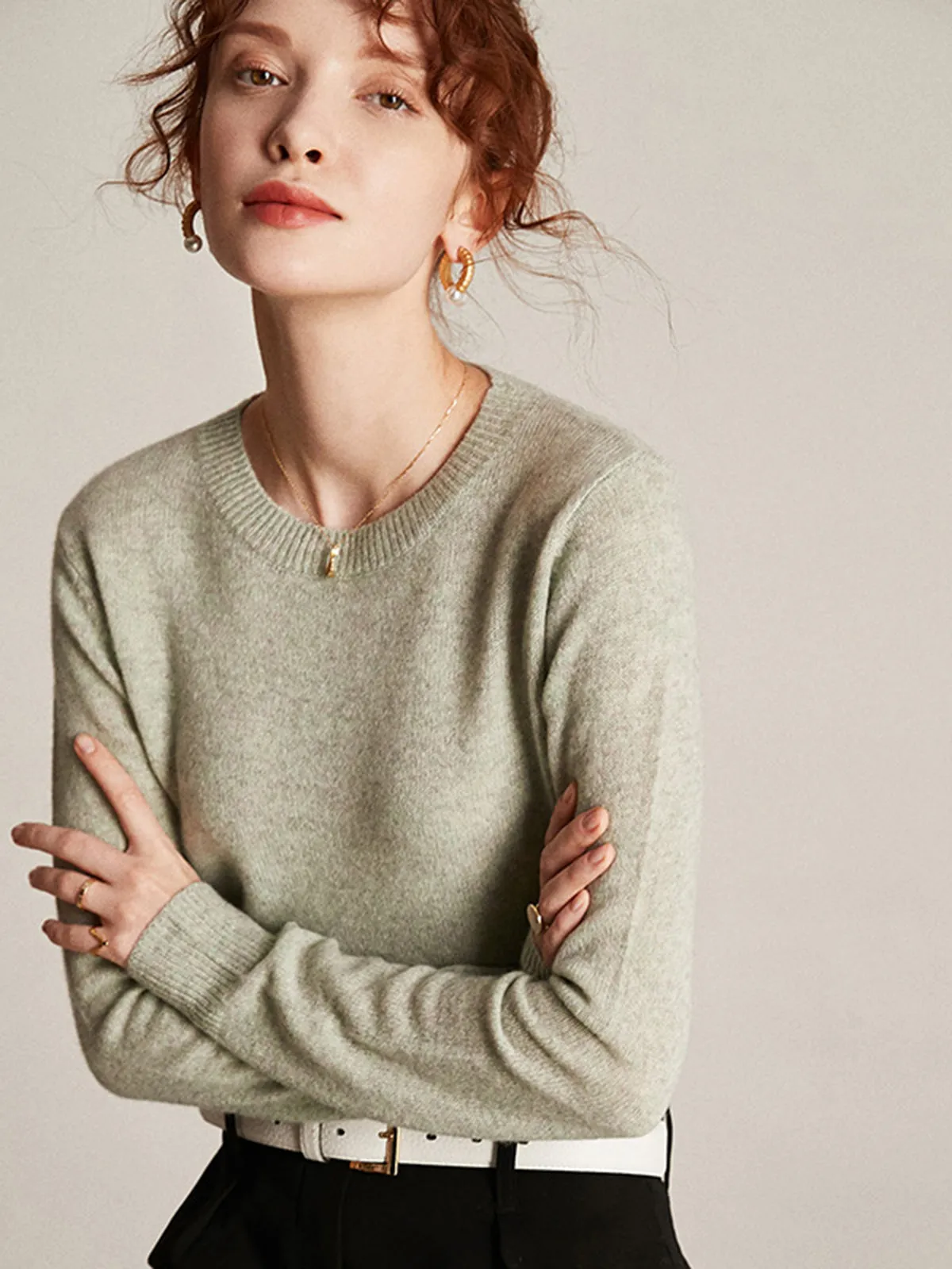 Round Neck 100% Cashmere Women's Sweater, Long Sleeve, Knitted Base Pullover.