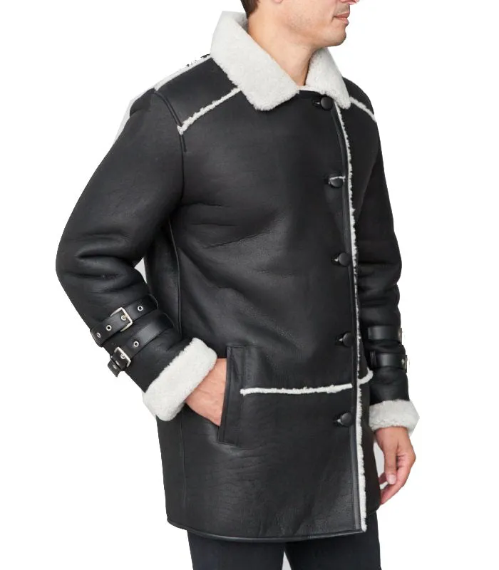 Shearling Sheepskin Car Coat Black