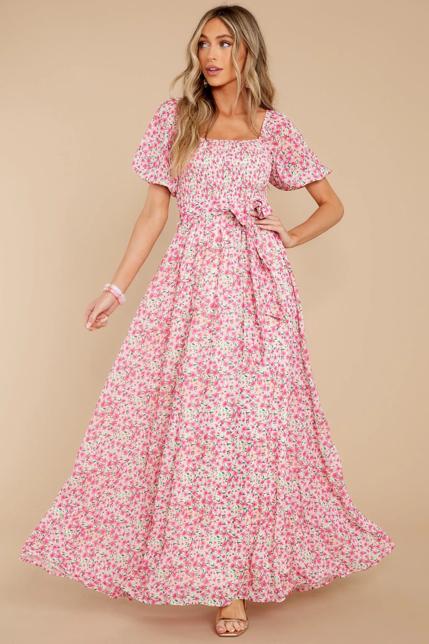 Showers Of Roses Pink Floral Print Maxi Dress