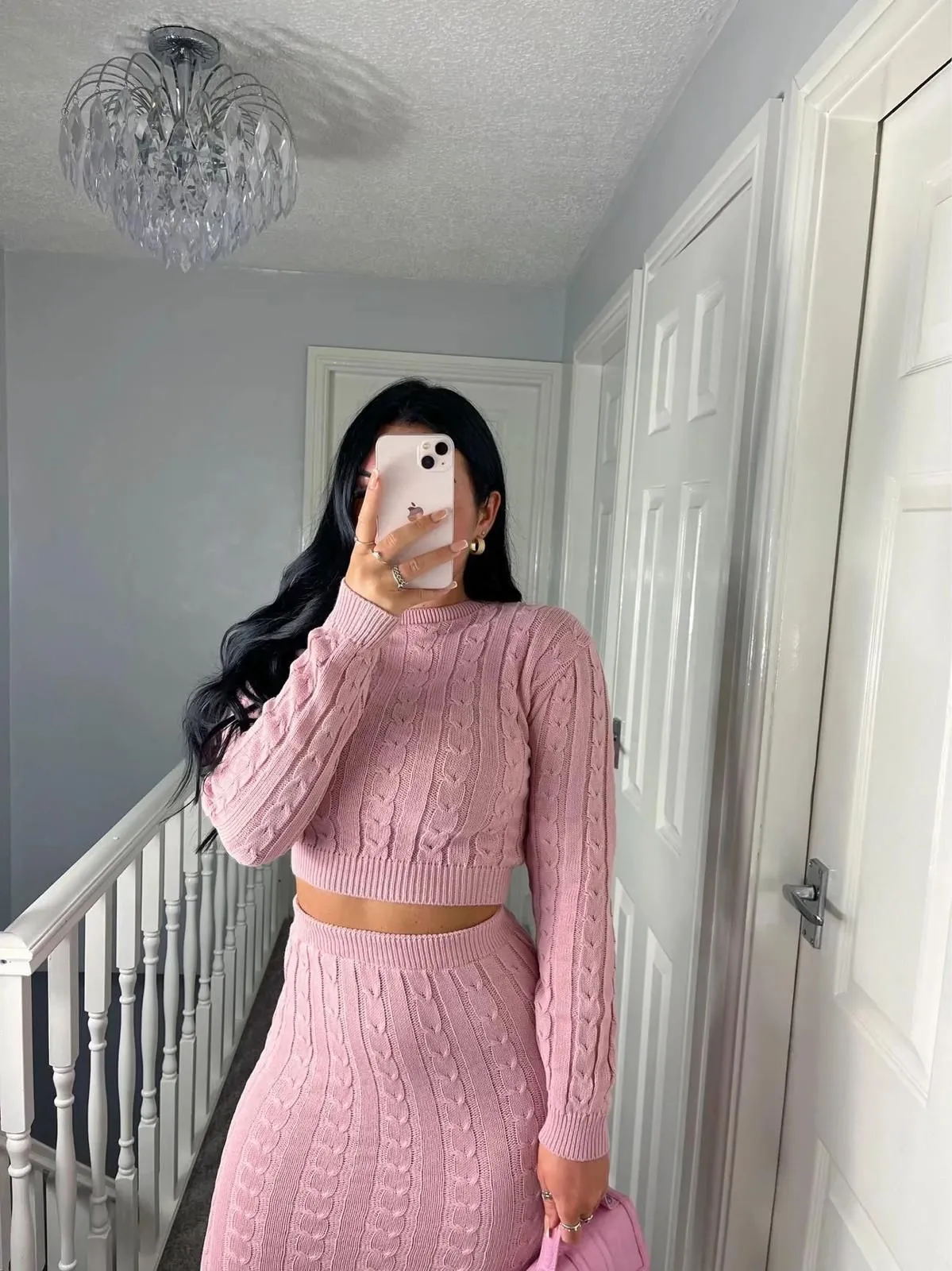 SOFT PINK CABLE KNIT CROP JUMPER SKIRT COORD