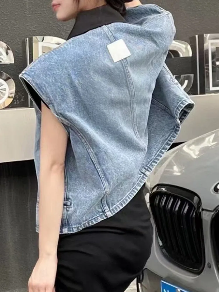 Streetwear Vest Jacket For Women Lapel Sleeveless Solid Minimalist Denim Coats Female Summer Clothing Fashion