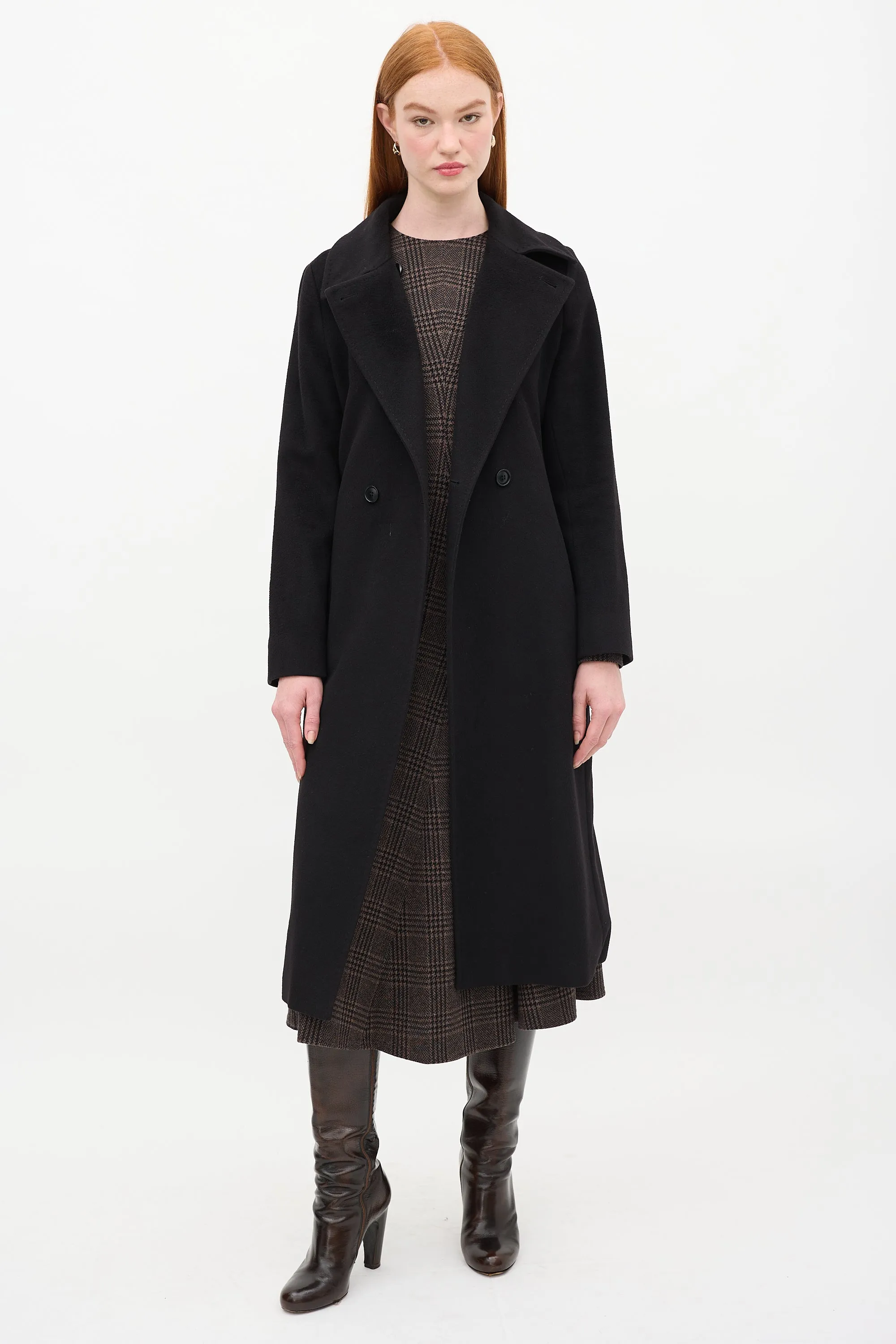 Studio Black Wool Belted Double Breasted Long Coat