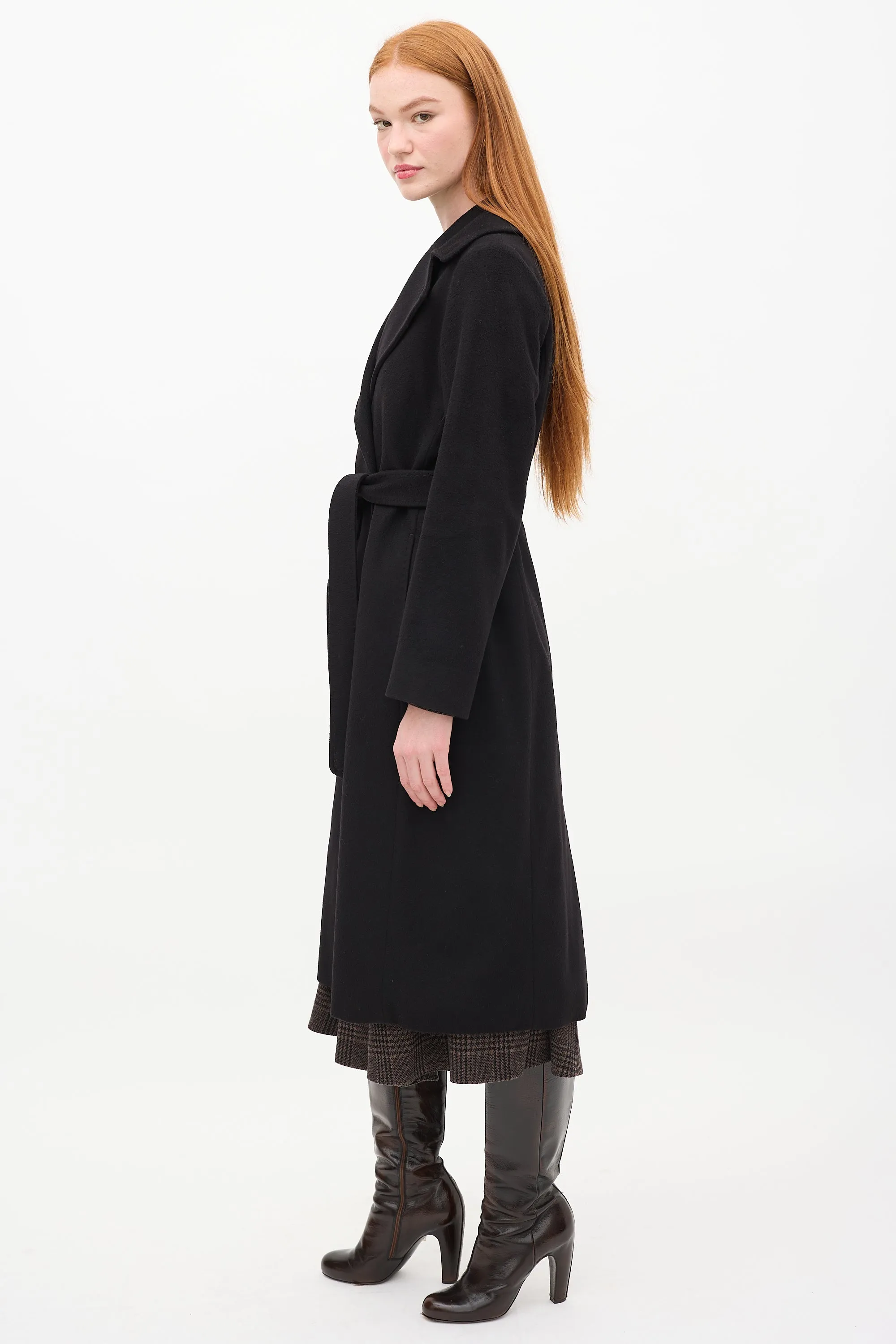 Studio Black Wool Belted Double Breasted Long Coat