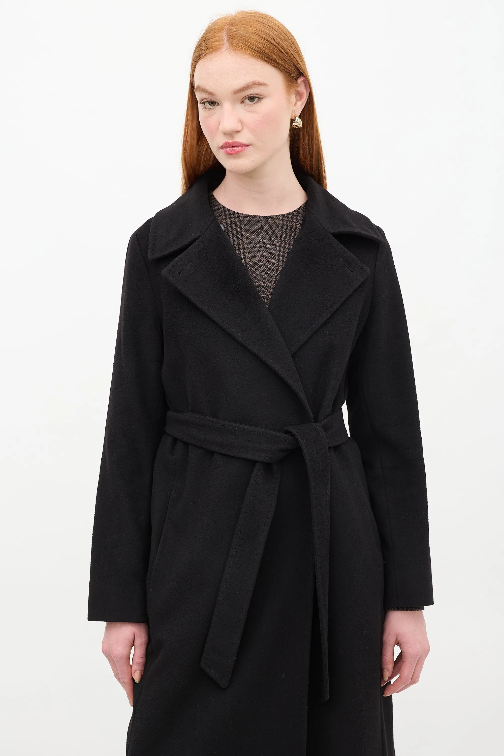 Studio Black Wool Belted Double Breasted Long Coat