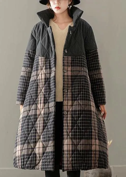 Thick Gray Plaid Coats Plus Size Clothing Coats Stand Collar Button Down outwear