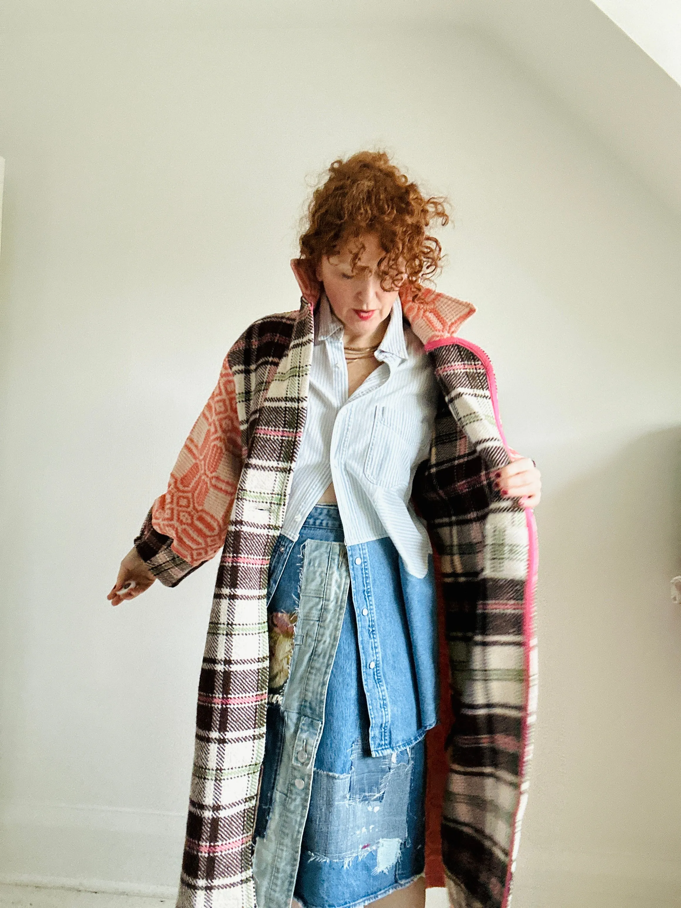 Trench with Vintage Wool & Upcycled Textile Blankets Size XL/2X #TRENCH9