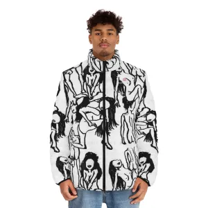 White Nude Art Men's Jacket, Best Regular Fit Polyester Men's Puffer Jacket With Stand Up Collar (US Size: S-2XL)