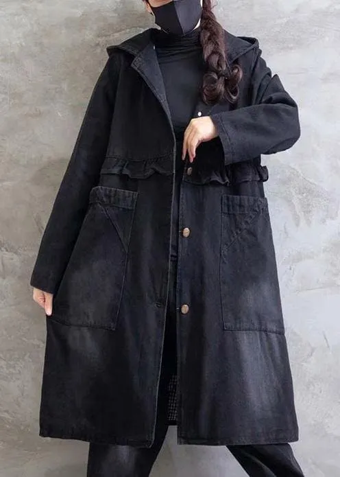 Women Plus Size Overcoat Denim Black Hooded Ruffles Outwear