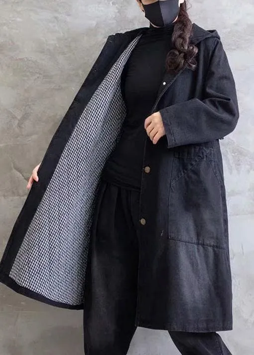 Women Plus Size Overcoat Denim Black Hooded Ruffles Outwear