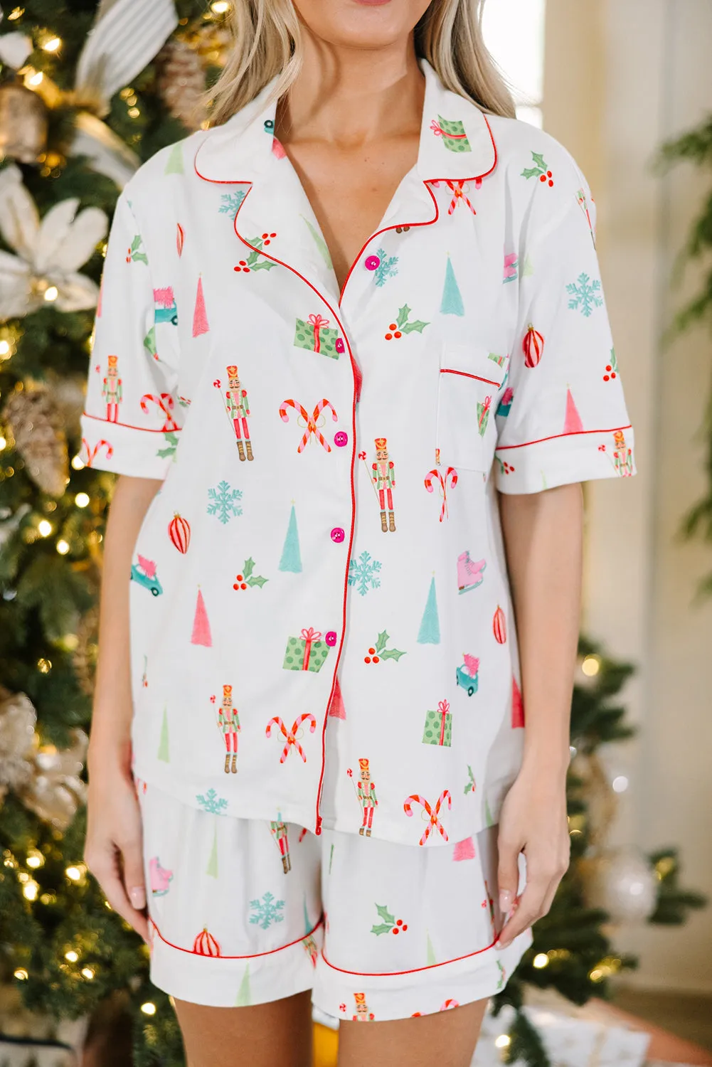 Womens Nutcracker and Candy Cane Print Christmas Short Pajama Set