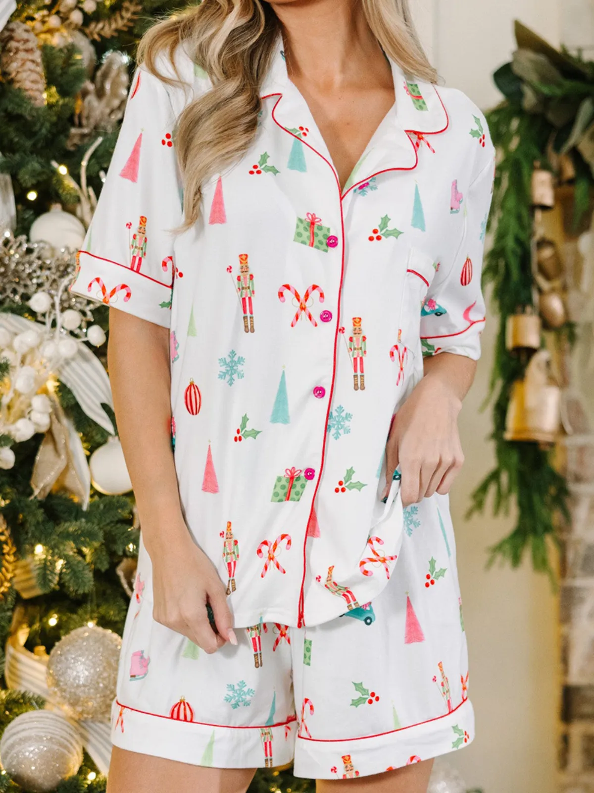 Womens Nutcracker and Candy Cane Print Christmas Short Pajama Set