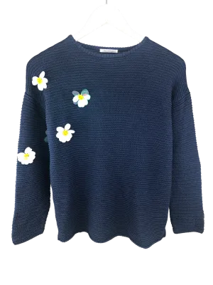 Zara Knitwear Fancy Collection, Girls' Cotton Sweater with Paillette Flowers, Navy, Size 11-12 yrs